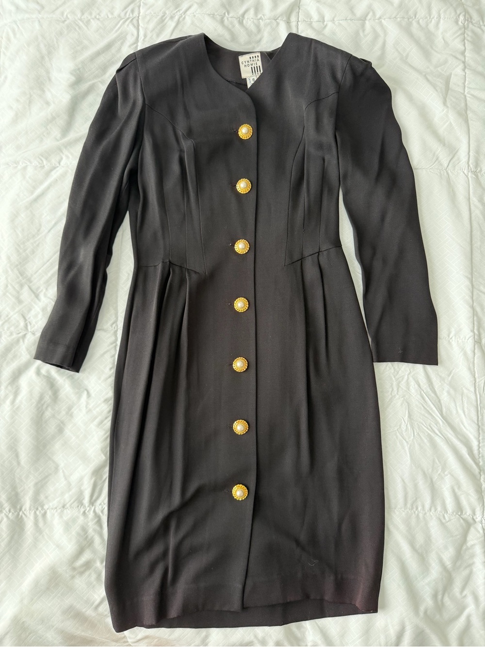 Vintage Cynthia Howie Black Sheath Dress 8 Gold Buttons 90s 80s Gothic Secretary